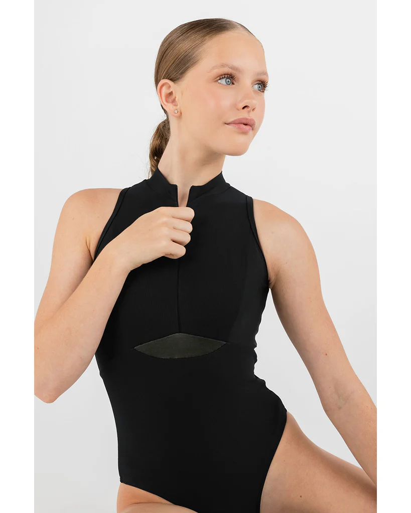Every Turn Aphrodite High Neck Zip Front Mesh Panel Sleeveless Leotard - Girls - Black - Image 3