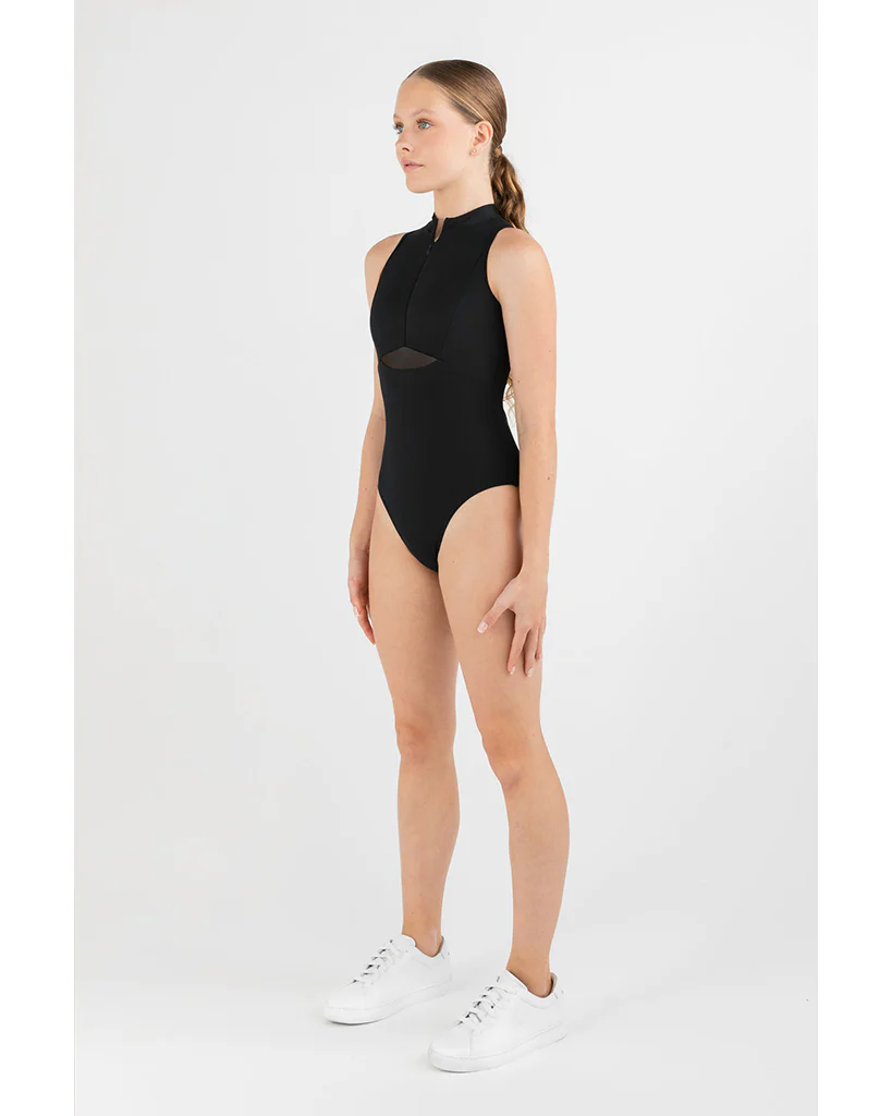 Every Turn Aphrodite High Neck Zip Front Mesh Panel Sleeveless Leotard - Girls - Black - Image 4