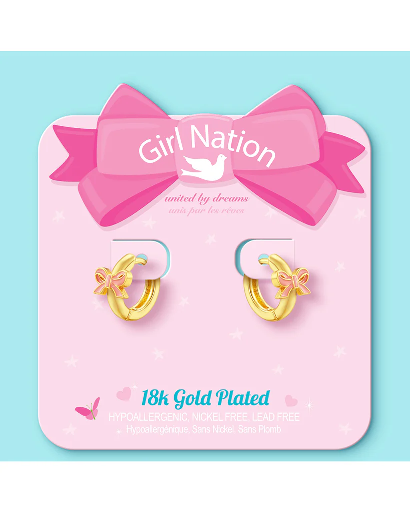 Girl Nation Pink Bow Earlets 18K Gold Plated Girl Huggie Earrings - Image 3