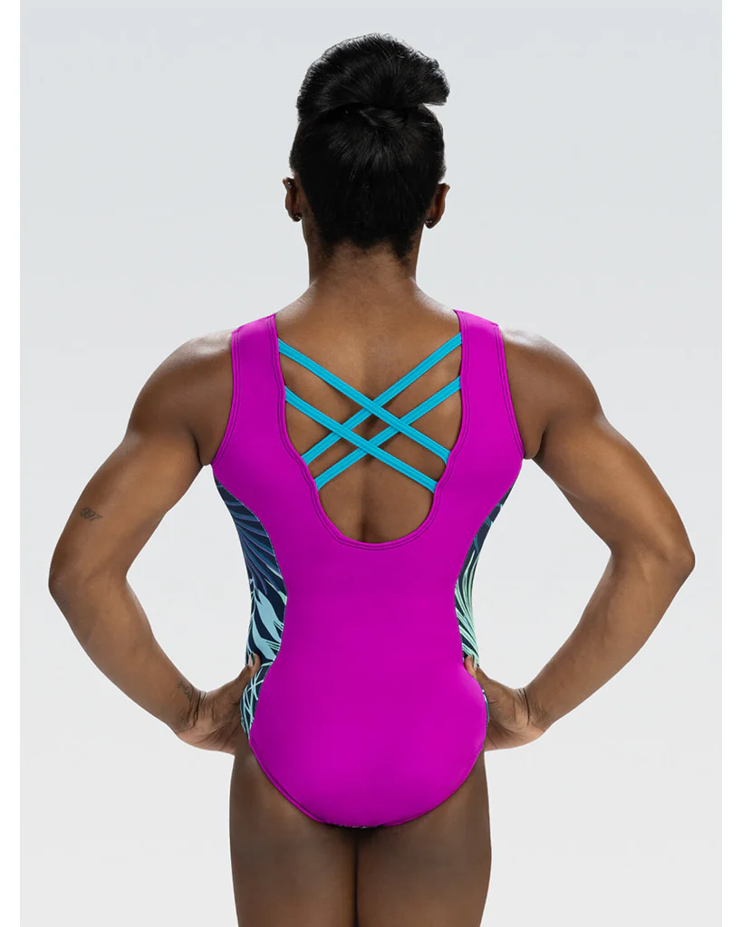 GK Elite Simone Biles Magenta Majesty Gymnastic Tank Leotard - E4953 Girls - Leafy Print - Image 2