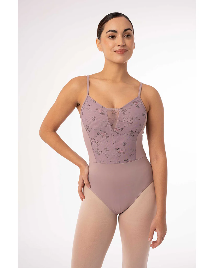 Intermezzo Florinda Petite Fleur Mock V Neck Printed Floral Mesh Camisole Leotard - 31708 Womens