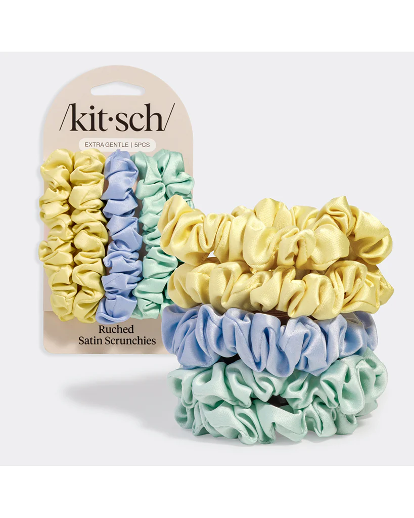 Kitsch Ruched Satin Scrunchies 5pc Set - Coastal Multi-Colour