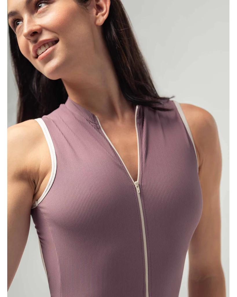 Mara Dancewear Aura Zip Front Mock Neck High Compression Ribbed Sleeveless Leotard - Mauve - Image 2