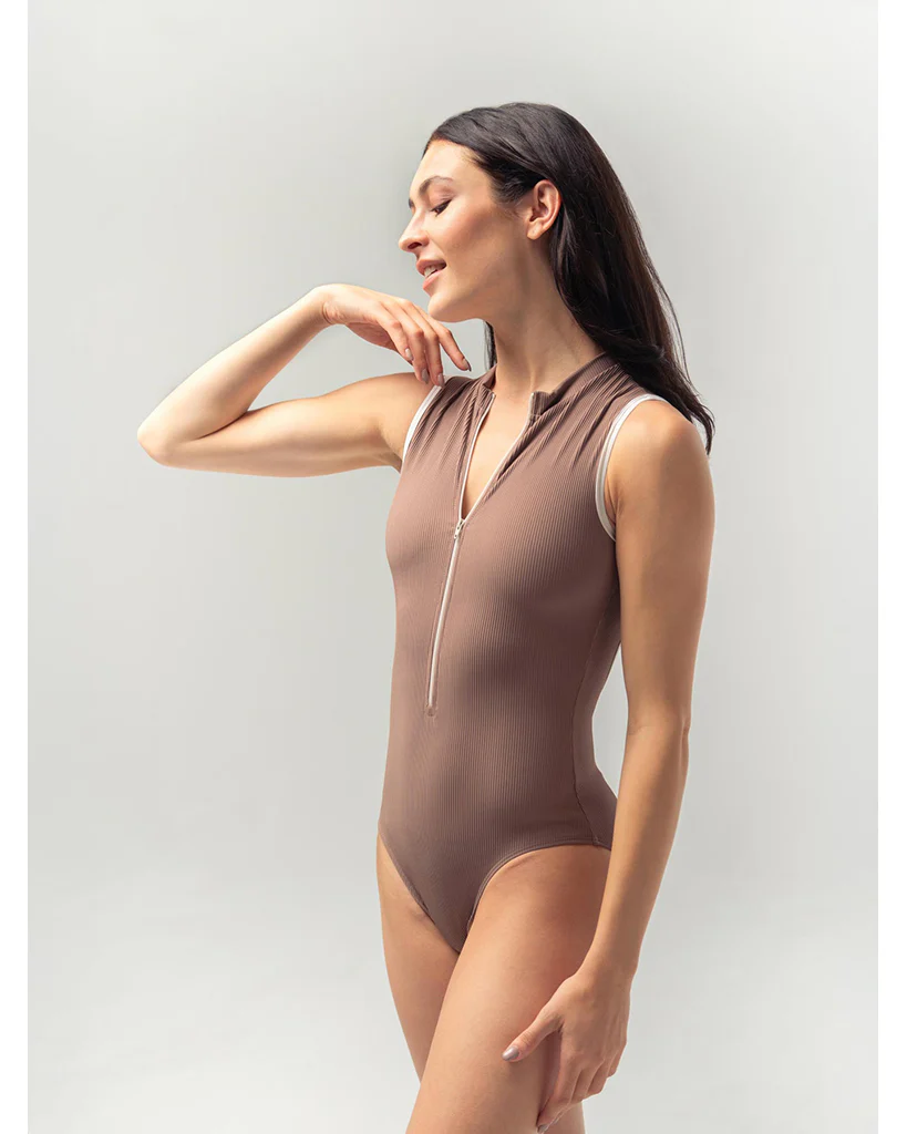 Mara Dancewear Aura Zip Front Mock Neck High Compression Ribbed Sleeveless Leotard - Mocha - Image 3