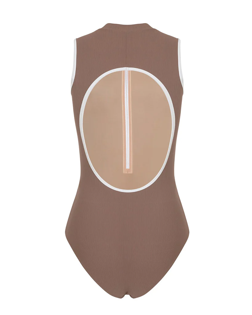 Mara Dancewear Aura Zip Front Mock Neck High Compression Ribbed Sleeveless Leotard - Mocha - Image 9