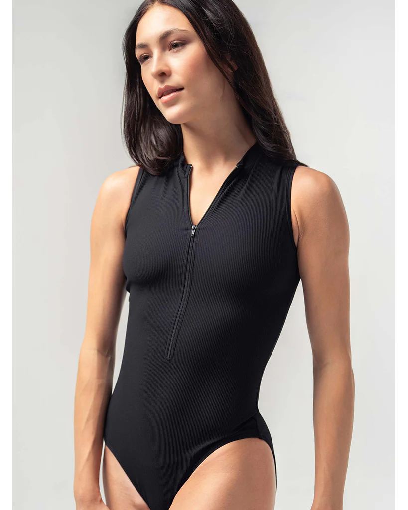 Mara Dancewear Aura Zip Front Mock Neck High Compression Ribbed Sleeveless Leotard - Total Black