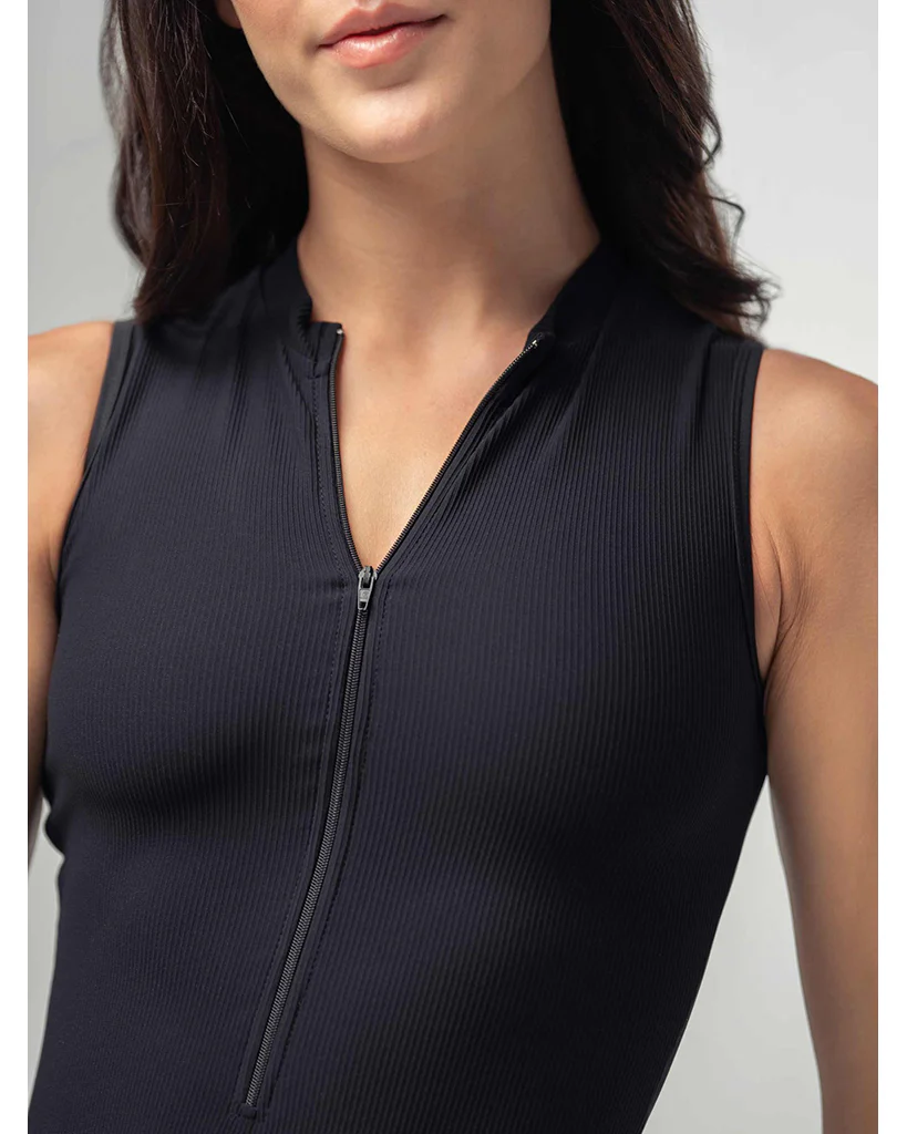 Mara Dancewear Aura Zip Front Mock Neck High Compression Ribbed Sleeveless Leotard - Total Black - Image 4