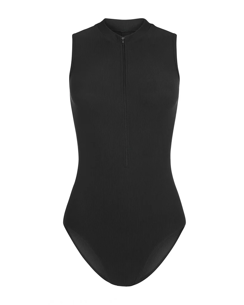 Mara Dancewear Aura Zip Front Mock Neck High Compression Ribbed Sleeveless Leotard - Total Black - Image 7