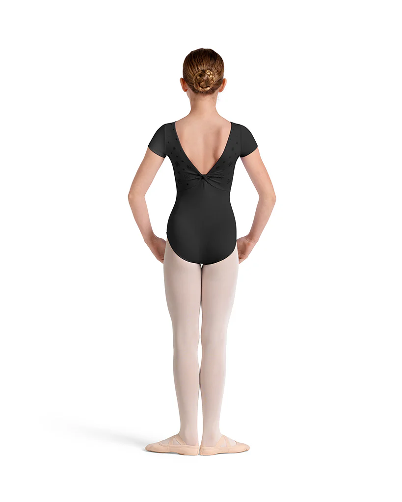 Mirella Boat Neck Kaleidoscope Velvet Detail Twist Back Cap Sleeve Leotard - M20005C Girls - Image 3