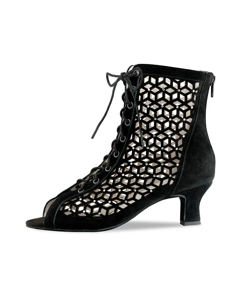 Werner Kern Elaine Black Suede Rhinestone Leather 5 cm Heel Laced Ankle Boot Dance Shoes - 990-50 Womens