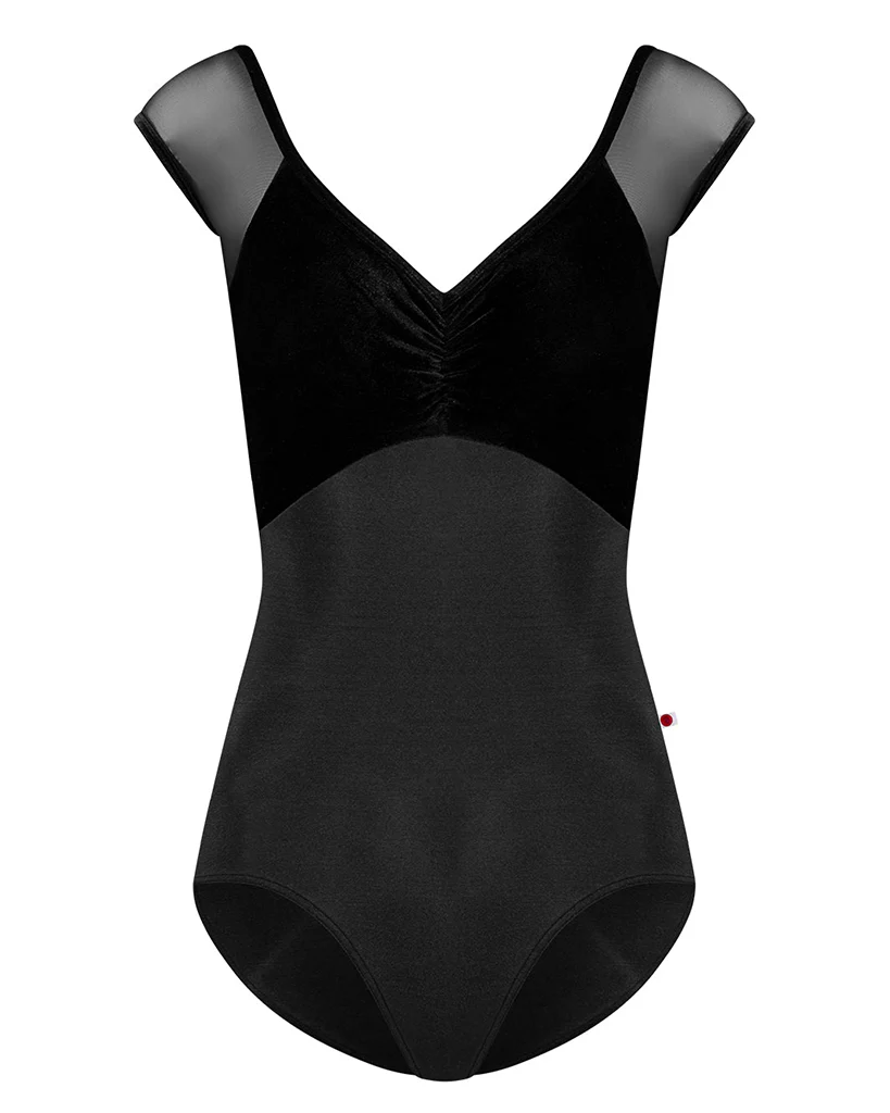 Yumiko Elli with Velvet V Neck Pinch Front Cap Sleeve Leotard - Womens - Black