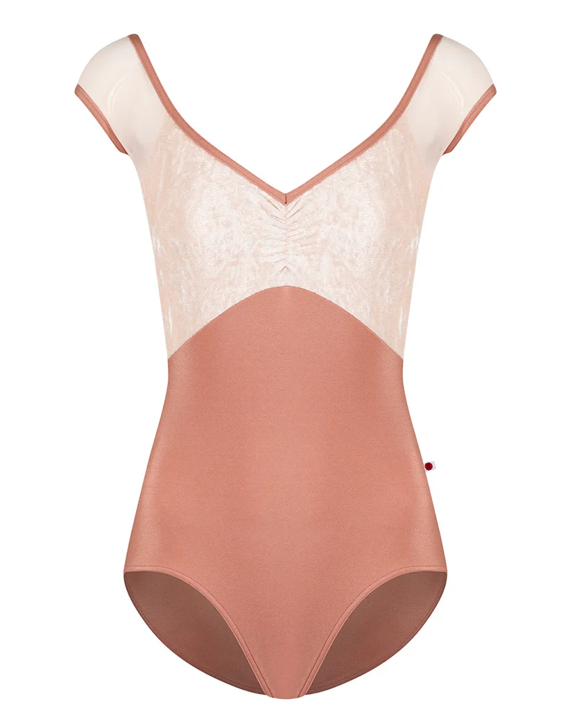 Yumiko Elli Pinch Front with Crushed Velvet and Mesh Cap Sleeve Leotard - Womens - Rosewood / Misty Rose / Blush