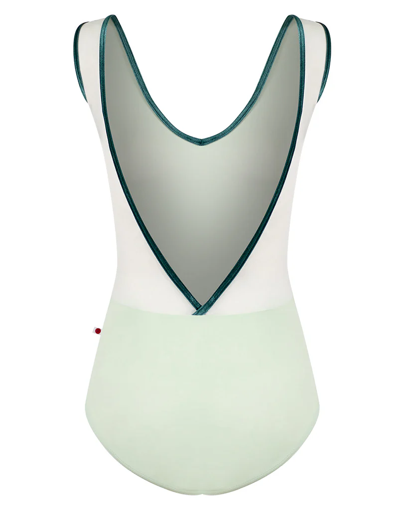 Yumiko Gina with Velvet Trim and Mesh Open V Back Sleeveless Leotard - Womens - Pistachio / White / Orbit - Image 2