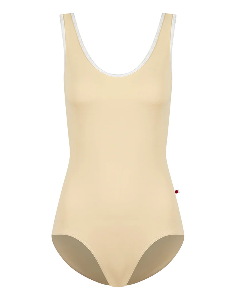 Yumiko Veronique with Crushed Velvet Trim Scoop Neck Cut Out Back Tank Leotard - Womens - Vanilla / White